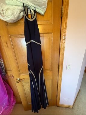 Xscape Black Maxi Navy Dress with Cream Accents - Racerback